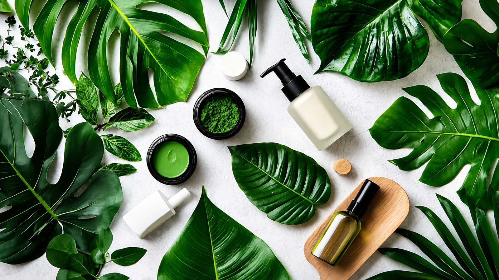 Skincare com folhas verdes